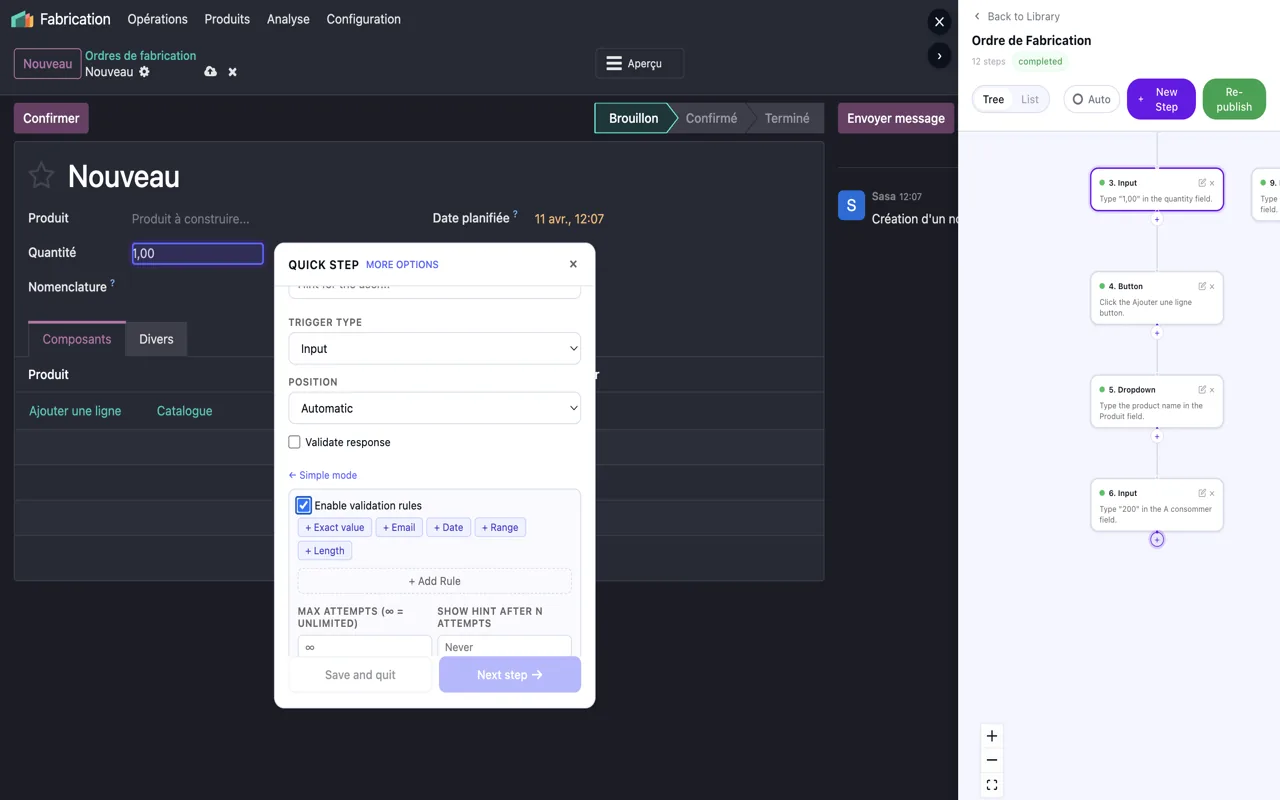 Ederest Creator building a guided walkthrough on an ERP screen